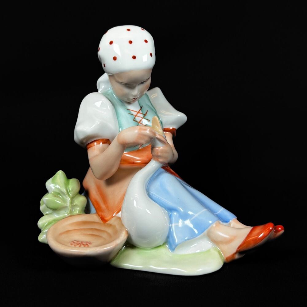 6,5" Zsolnay Hungary Peasant Girl Figurine Vintage Girl with Goose Porcelain